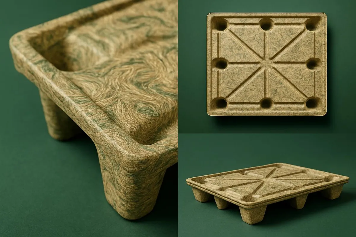 Multiple angles of a presswood pallet showing deck and base