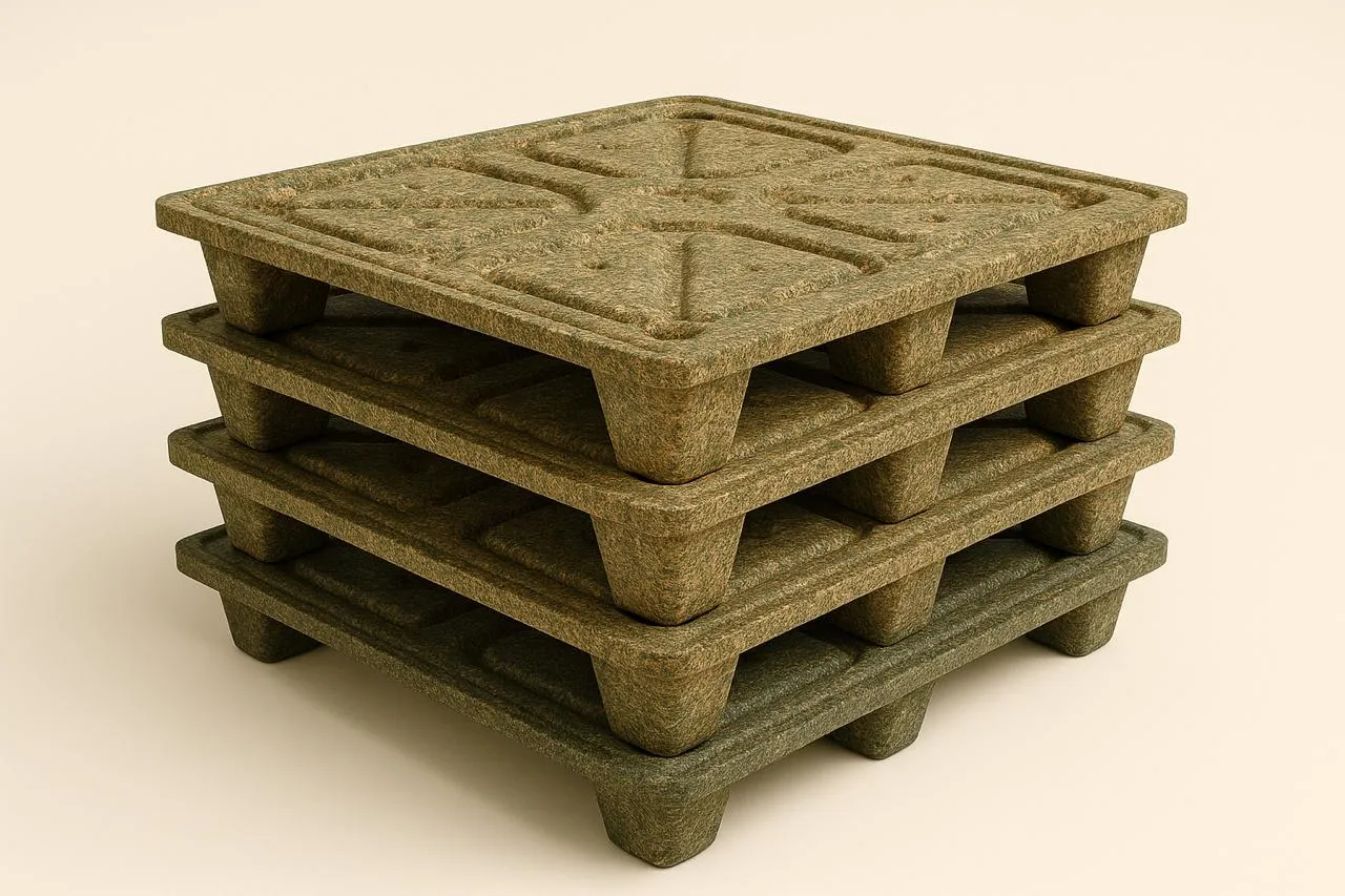 Three stacked presswood pallets in natural palm-fibre tone, studio shot