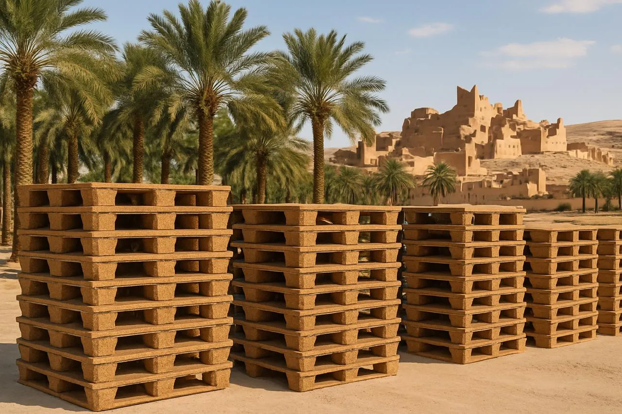 Stacks of Atheel pallets among palm trees with a heritage landmark behind