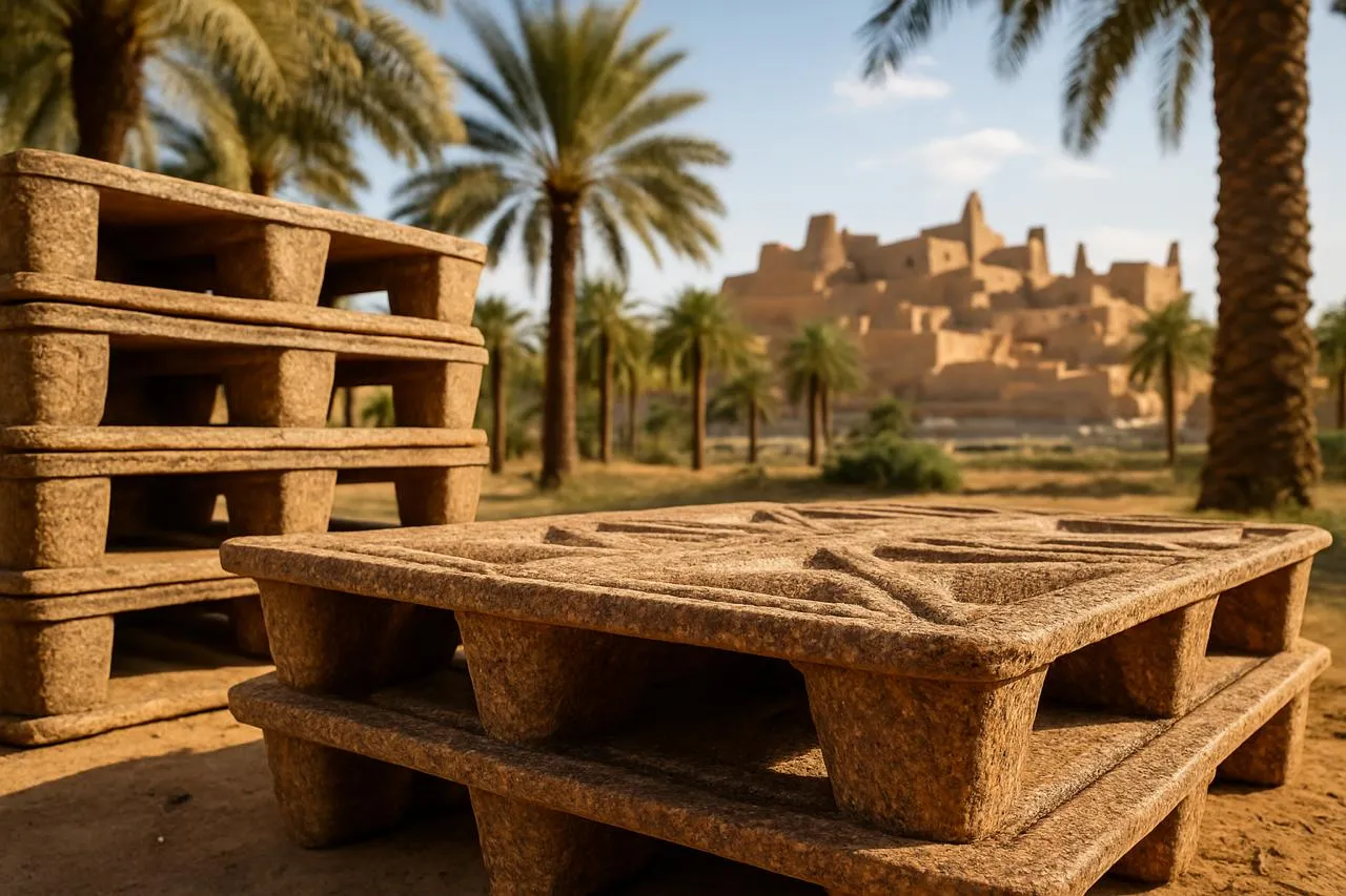 Atheel presswood pallet in front of a Saudi heritage landscape with palm trees