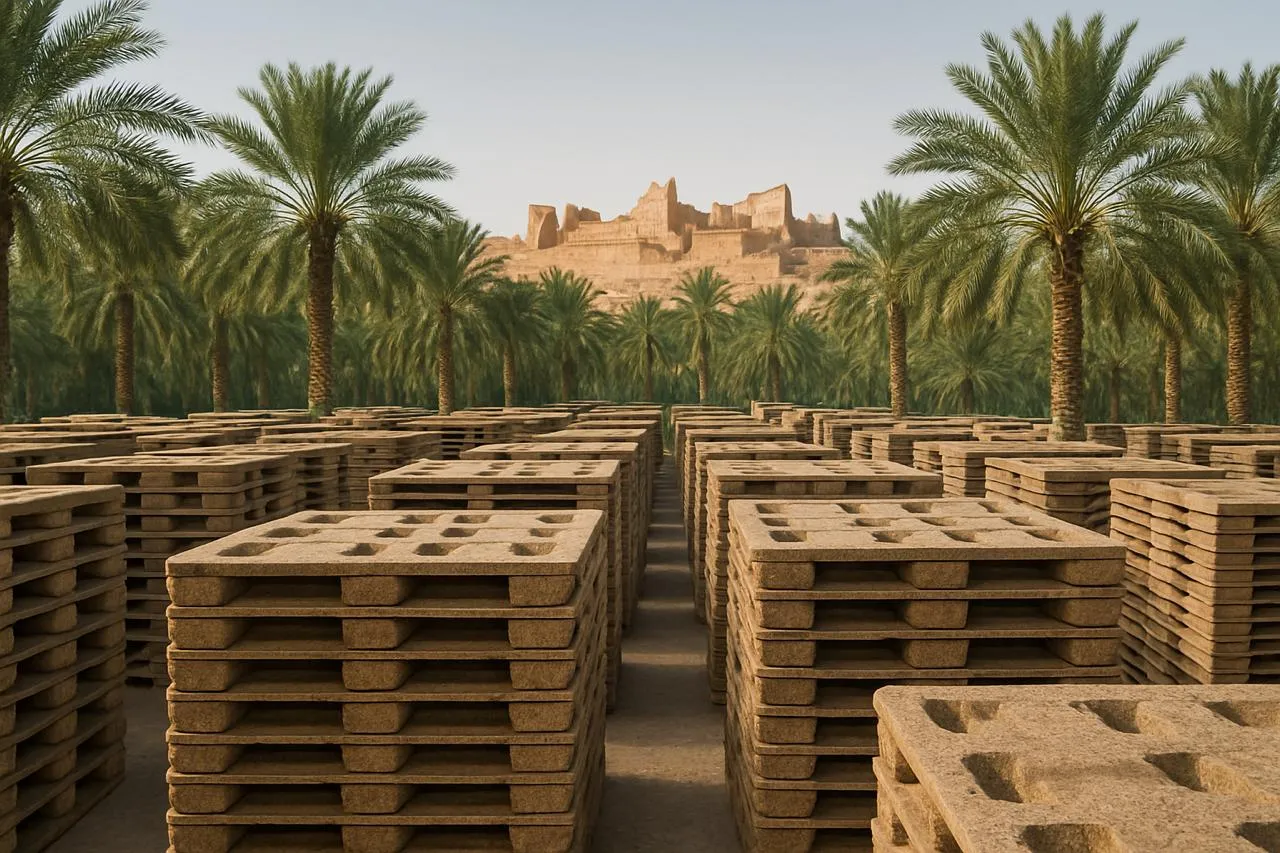 Rows of presswood pallets in a palm grove