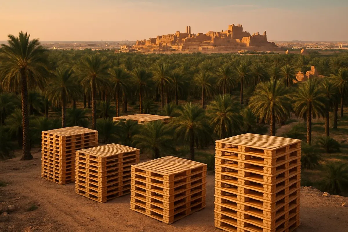 Palm oasis representing Atheel’s raw-material source, with stacked pallets